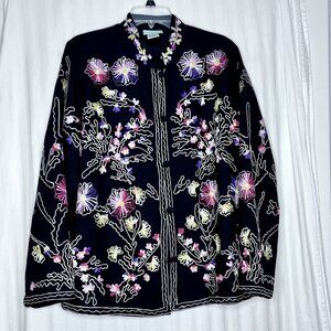 Vintage Floral Embroidered Jacket‎ Top Wool Blend Womens Large Kimono Style